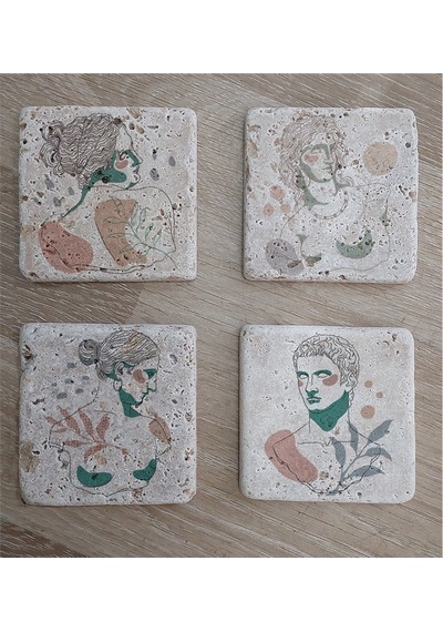 Line Art Heykel Portre Doğal Taş Bardak Altlığı 4'lü Set - Natural Stone Coasters-174099 Beyaz