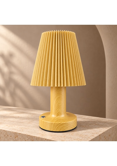 Sleepnova Şarjlı Led Masa Lambası Ahşap Görünümlü Pileli Abajur 3 Işık Modlu 15x13 Cm Ahşap  - Bej