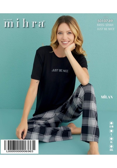 Mihra Kadın Bisiklet Yaka Milan Likralı Kısa Kol Pijama Takımı 50107/89- 1 Adet Siyah