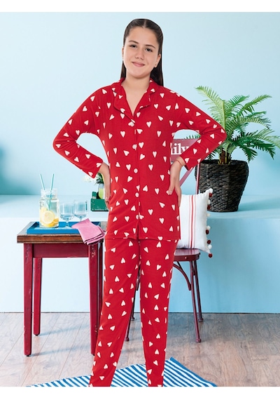 Kız Çocuk Süet Kışlık Boydan Düğmeli Kalın Pijama Takımı Kırmızı