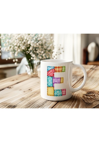 E Harfi Renkli Yamalı Tasarım Kupa Bardak - Bohem Patchwork Desenli Kupa - Etnik Hediyelik Beyaz