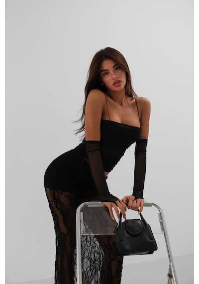 Vuvutasarım Yeni Sezon Kolluk Detaylı Askılı Kadın Tül Bluz 24s15025 Siyah