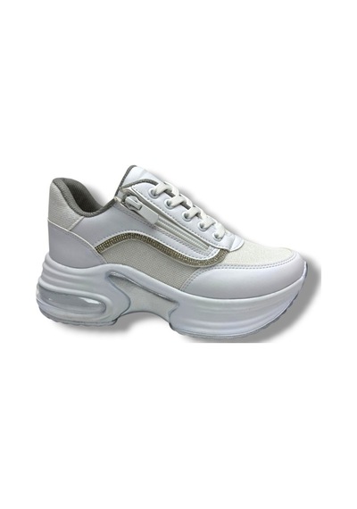 Modalendo 1511-26 Cilt Deri Simli Şeritli Anatomik Bağcıklı Kadın Sneaker Beyaz