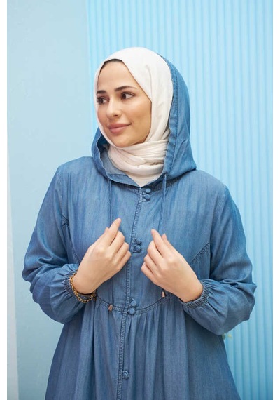 6635-brit Düğmeli Denim Ferace Koyu Mavi Koyu Mavi