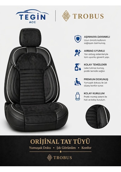 Volkswagen Caddy 2004-2020 Araca Uyumlu Premium Tay Tüyü Koltuk Kılıfı Liona Serisi Siyah Beyaz