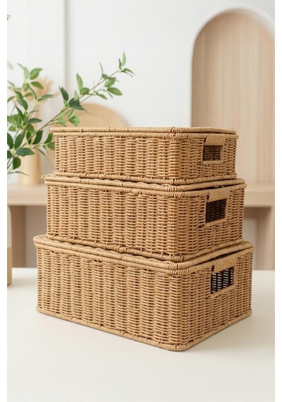 Digithome 3'lü Kapaklı Hasır Rattan Organizer Sepet - Bb6065 Turuncu