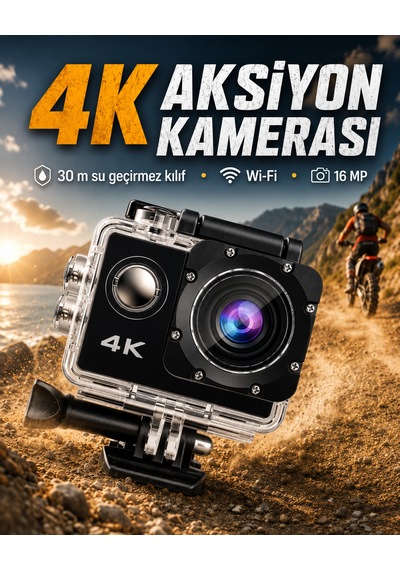 4k Wifi Aksiyon Kamerası 16 Mp 30 Metre Su Geçirmez Kılıflı 2.0 İnç Lcd Ekranlı Geniş Açılı Spor Kamera Siyah