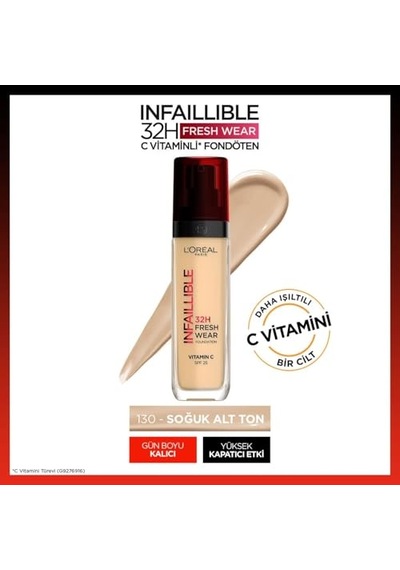 L'oreal Paris Infaillible 32h Fresh Wear C Vitaminli Fondöten - 130 True Beige Hafif Ve Modüler Kapsama Alanı, 32 Saate Kadar Dayanıklı, Doğal Kaplama, Her Türlü Cilt İçin, Kusursuz Taze Giyim 00 L'oreal Paris Infaillible 32h Fresh Wear C Vitaminli Fondöten - 130 True Beige Hafif Ve Modüler Kapsama Alanı, 32 Saate Kadar Dayanıklı, Doğal Kaplama, Her Türlü Cilt İçin, Kusursuz Taze Giyim 00