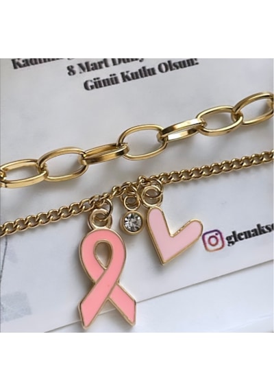 Pembe Kurdele Ve Kalp Detaylı Paslanmaz Çelik Kadın Bilekliği Altın - Çelik