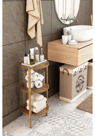 Atlantik Çam 3 Raflı Yuvarlak Tasarım Yan Sehpa - Modern Sunum Standı Ahşap