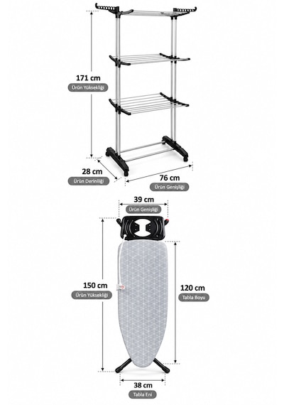 Perilla Tiga 3 Katlı Çamaşır Kurutma Askısı 20 M + Present Lux Ütü Masası 38x120 Cm İkili Set Çok Renkli