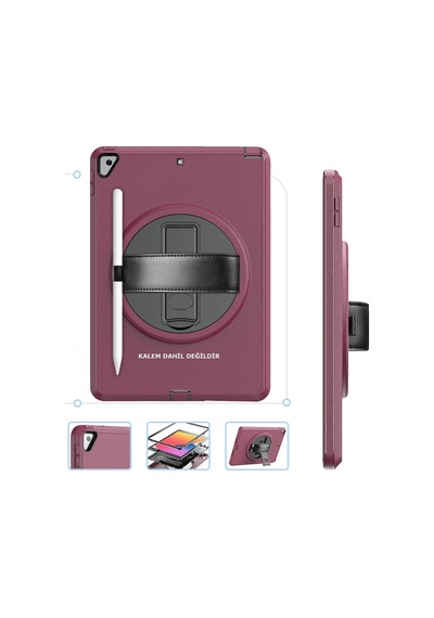 Newface - 7 - iPad Uyumlu 10.2 7.nesil Kılıf Hand Strap Tablet Kılıfı - Csmo-tex - - Mürdüm