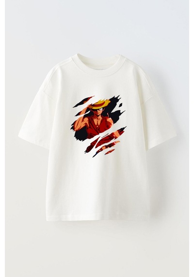 Thewert Unisex Anime Luffy Straw Ha Tone Piece Kesik Tasarım Baskılı Pamuk Beyaz Oversize T-shirt