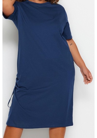 Ersefa Moda Stil Relaxed Bisiklet Yaka Midi Boy Büyük Beden Yandan Büzgü Lacivert