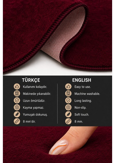 3 Lü Banyo Paspası Halısı Seti Kaymaz Tabanlı Yıkanabilir Klozet Takımı Bordo