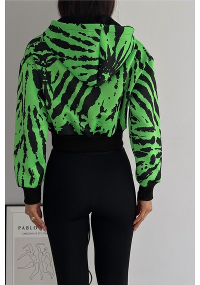 Femelle Yeşil Kapüşonlu Kanguru Cepli Renkli 3 İplik Şardonlu Crop Sweatshirt