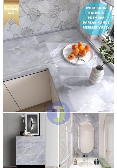 Technojet Kendinden Yapışkanlı Mermer Desen Folyo Mutfak Banyo Tezgah Duvar Kaplama 60cmx500cm Açık Gri