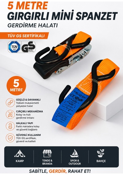 5 Metre Halkalı Gırgırlı Cırcırlı Mini Spanzet Gerdirme Halatı Tüv Gs Sertifikalı