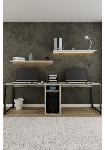 Twin 2 Kişilik Raflı Çalışma Masası Ofis Bilgisayar Masası - Mermer Desenli Mermer Desen Twin 2 Kişilik Raflı Çalışma Masası Ofis Bilgisayar Masası - Mermer Desenli Mermer Desen