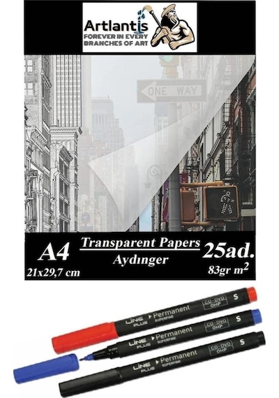 Aydınger Kağıdı A4 83 Gr 25'li 1 Paket Eskiz Kağıdı Lineplus Asetat Kalemi S 0.3 Siyah Kırmızı Mavi