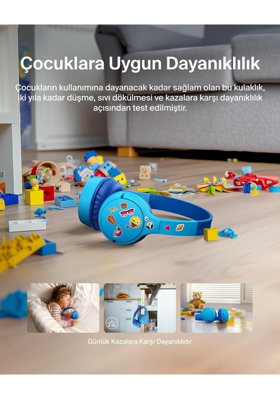 Soundform Mini Çocuk Kablosuz Kulaklık Mavi Dahili Mikrofon, 30 Saat Çalma, Eğlenceli Çıkartmalar, İphone, İpad Ve Galaxy Uyumlu
