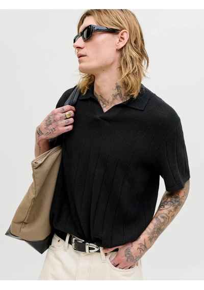 Jack & Jones Jjebradley Knit Split Neck Ss Sn Erkek T-shirt-32834 Siyah