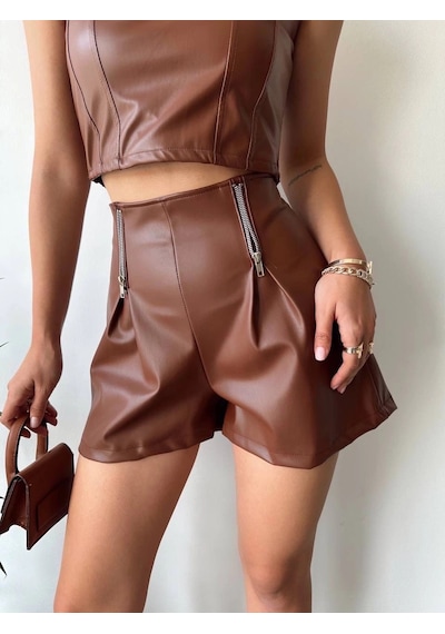 Defymoda Çift Fermuarlı Deri Şort Kahve H24394 Kahve