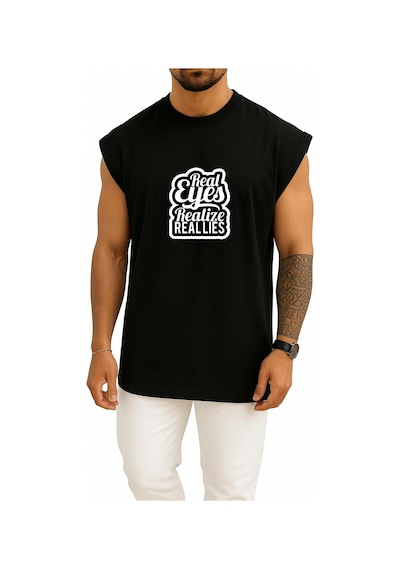 Bahriyeli Collection Oversize Gerçek Gözler Gerçek Yalanları Fark Eder Göğüs Baskılı Atlet SIYAH