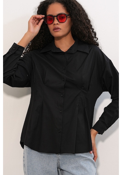 Bigdart Kadın Belden Oturtmalı Poplin Gömlek 20384 - Siyah