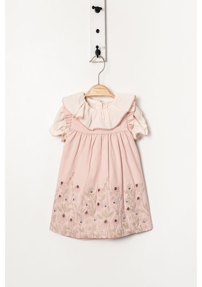 Kıpırık Baby Kız Bebek Pudra Çiçek İşlemeli Elbise Fırfıtlı Yaka Gömlekli Takım-1352 Pembe