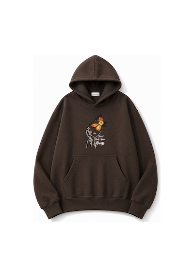 Herkesemoda Portre Ve Kelebek Baskılı Kapüşonlu 2 İplik Şardonlu Sweatshirt Kahverengi