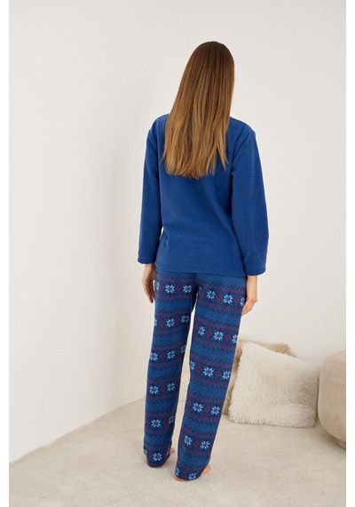 Siyah İnci Temalı Nakışlı Polar Kışlık Örme Pijama Takım 25222078 Lacivert