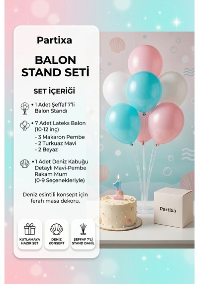 Deniz Kabuğu Temalı Mavi Pembe Rakam Mum Ve Balon Standı Seti - Doğum Günü Parti Süsleme Paketi 0-9 Yaş 1 - 5 72245636