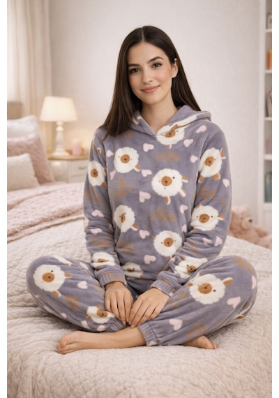 Burcumay Kadın Desenli Kapüşonlu Gri Polar Pijama Takımı Gri