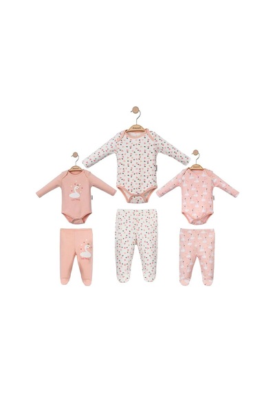 Kuğu Baskılı Kız Bebek Çıtçıtlı Badi Ve Patikli Alt Üç Adet İkili Takım Pembe