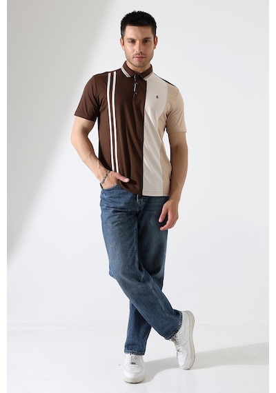 Rıbana Classıc Erkek Çizgili Şerit Detaylı Pamuklu Polo Yaka T-shirt Kahverengi