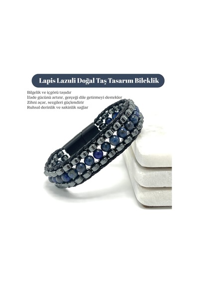 Sertifikalı Lapis Lazuli Taşı Erkek Bileklik Çelik Kilitli, Doğal Taş Tasarım, Şık Ve Özgün Lacivert