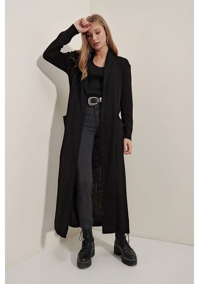 Onno Style Women Selanik Örgü Kapşonlu Uzun Ceket Siyah