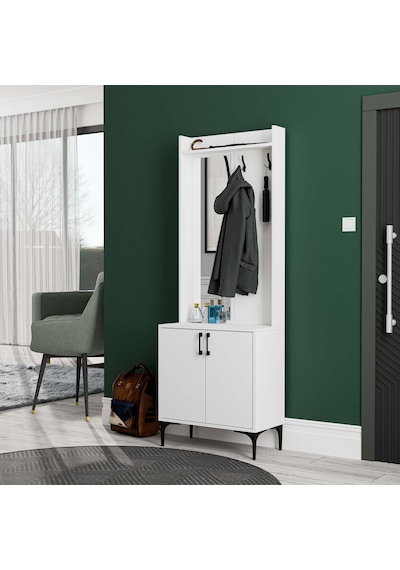 5020 Royal Sol Aynalı 2 Kapaklı 2 Askılı Portmanto Beyaz