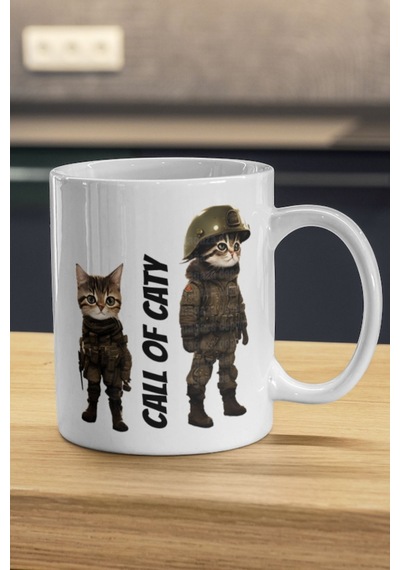 Call Of Caty Kupa - Asker Kedi Baskılı Kupa Bardak - Kedili Kupa Beyaz