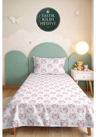 Evimde Bambaşka Baykuş Pembe Kız Çocuk Dekoratif Pike Takımı - Sevimli Beyaz Bebek Odası Yatak Örtüsü - 160x220  CM