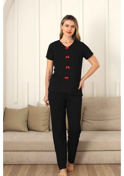 Monox Kadın Kırmızı Fiyonklu Beyaz Puantiyeli Kısa Kol Pijama Takımı Siyah