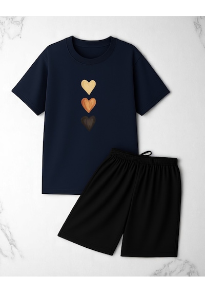 Uyguntarz Unisex 3 Kalp Baskılı Tasarım Şort Takım Lacivert