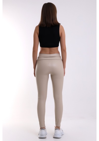 Winmoda34 Beli Detaylı Içi Kalın Kürklü Termal Push Up Kadın Deri Tayt Ekru