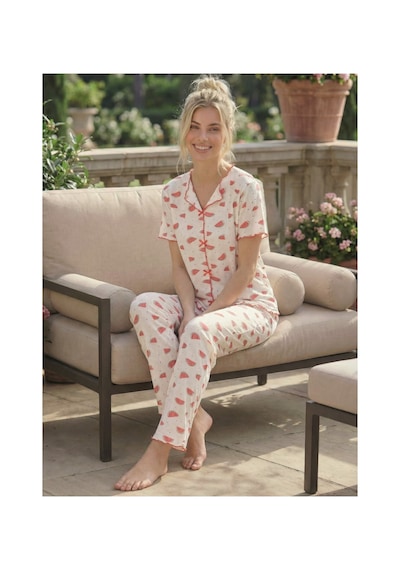 Eyfuze Kadın Baskılı Fiyonk Detaylı Raporlu Kaşkorse Kısa Kollu Pijama Takımı Beyaz-3