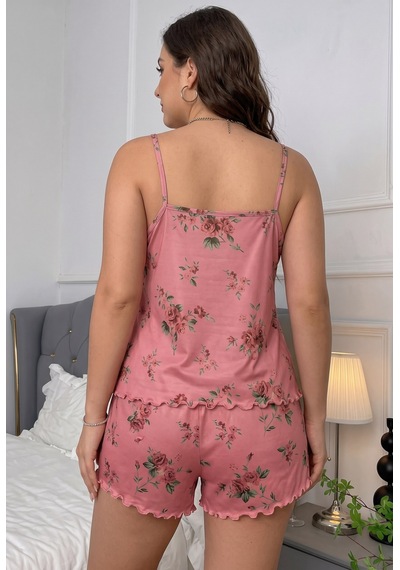 Findit Yumuşak Dokulu Gül Kurusu Çiçek Desenli İnce Askılı Etek Ucu Fırfırlı Şortlu Pijama Takımı