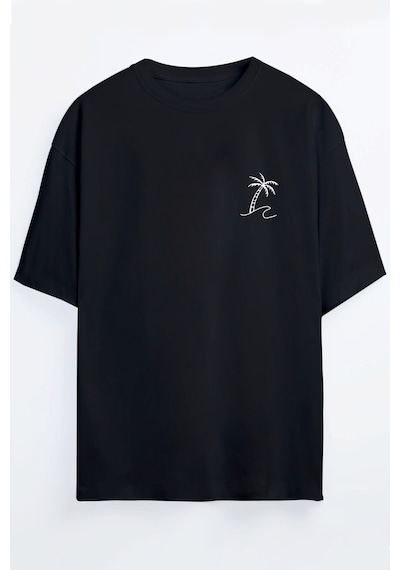 Palmiye Baskılı Unisex Oversize T-shirt SIYAH