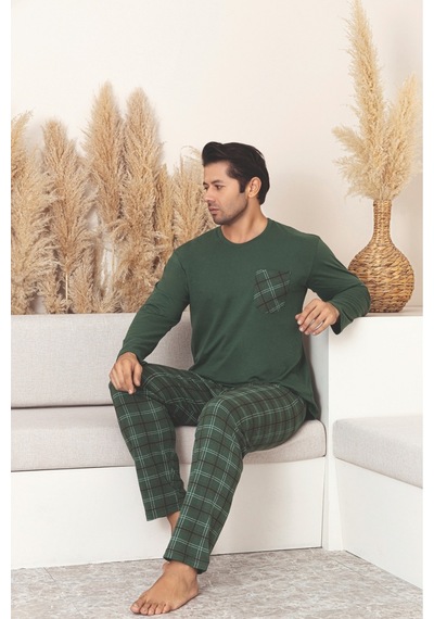 Sude Homewear Erkek Ekoseli Cepli Uzun Kollu Pijama Takımı Haki