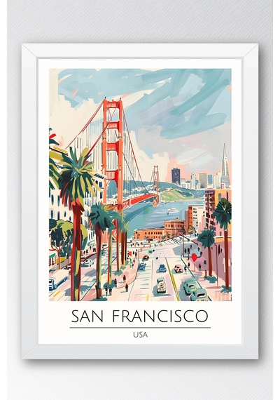Abd San Francisco Temalı Çerçeveli Tablo Travel Serisi Modern İllüstrasyon Şehir Duvar Dekoru Beyaz