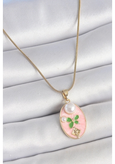 316l Çelik Gold Renk Zincir Pembe Mineli Oval İncili Çiçek İşlemeli Portre Model Kadın Kolye Çok Renkli